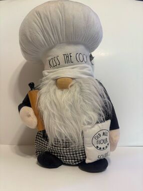 Kiss The Cook Chef Gnome Plush - White Beard, Black & White